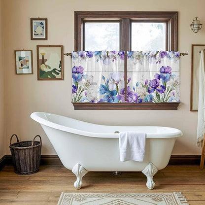 Spring Flowers Tier Curtains, Watercolor Garden Florals Wooden Grain Light Filtering Kitchen Curtains, 2Pcs Rod Pocket Half Window Treatments Panels for Sink Cafe Cabinet Camper 27.5x36 Inches