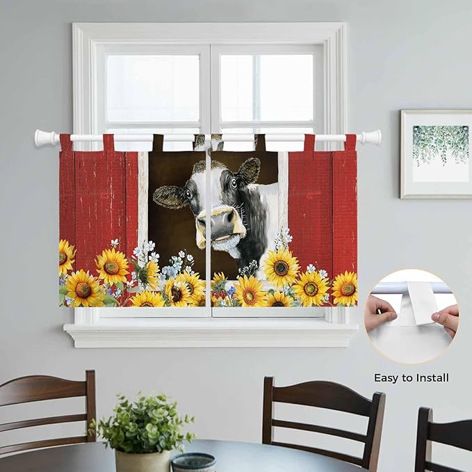 Cows Sunflowers Kitchen Curtains 36 Inch Length, Small Window Curtains Tab Top, Rustic Farms Barns Flowers Bees Animals Light Filtering Short Window Treatments Tier Drapes 27.5"x36" 2 Panel