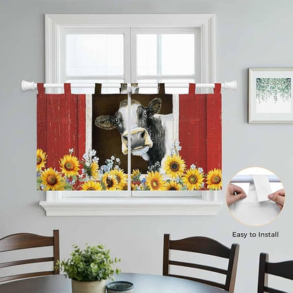 Cows Sunflowers Kitchen Curtains 36 Inch Length, Small Window Curtains Tab Top, Rustic Farms Barns Flowers Bees Animals Light Filtering Short Window Treatments Tier Drapes 27.5"x36" 2 Panel