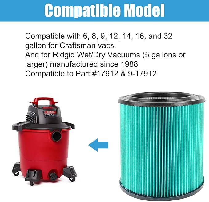 MZY LLC 2 Pack 17912 & 9-17912 Replacement Filter Compatible for Craftsman Shop Vac 5 to 32 Gallon, 3-Layer Pleated 9-17907 Wet/Dry Fine Dust Filter, Part # 17912 & 9-17912