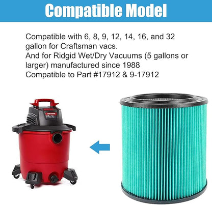 MZY LLC 2 Pack 17912 & 9-17912 Replacement Filter Compatible for Craftsman Shop Vac 5 to 32 Gallon, 3-Layer Pleated 9-17907 Wet/Dry Fine Dust Filter, Part # 17912 & 9-17912