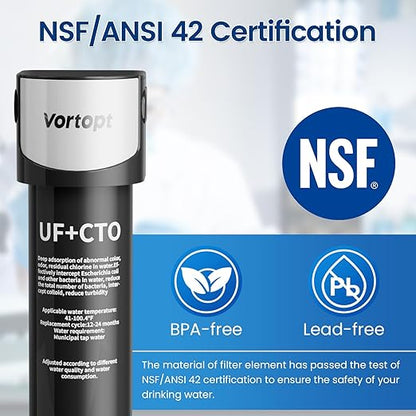 Vortopt Replacement Filter for Q5-UF & Q6-UF Under Sink Water Filter - 19K Gallons NSF/ANSI 42 Certified Water Filter System, 0.01μm Filtration Reduces Baçtёria, Lead, Chlorine, Bad Taste & Odor