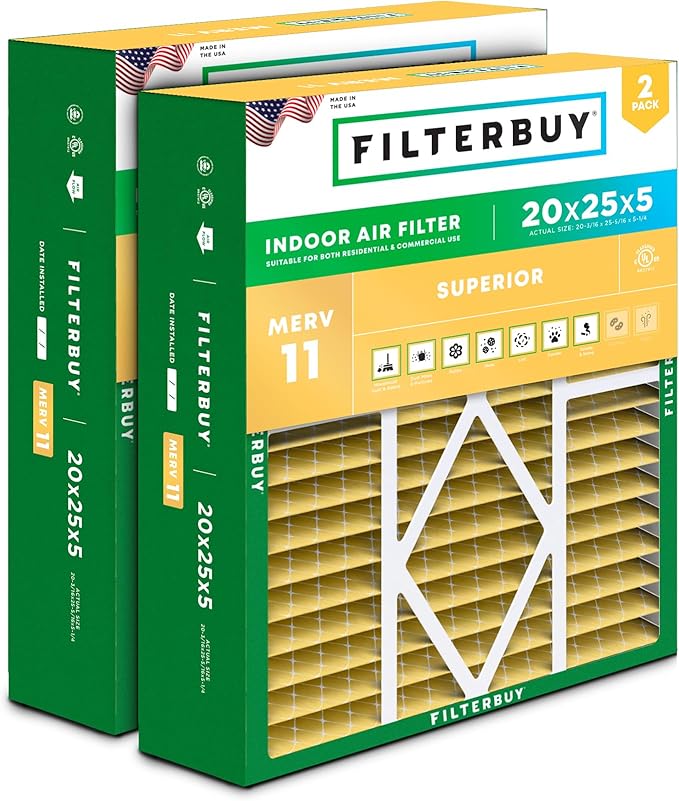Filterbuy 20x25x5 Air Filter MERV 11 Superior Pet & Allergy Defense (2-Pack), Pleated HVAC AC Furnace Filters for Amana, Coleman, Goodman, Maytag, York, and More (Actual Size: 20.19 x 25.31 x 5.25)