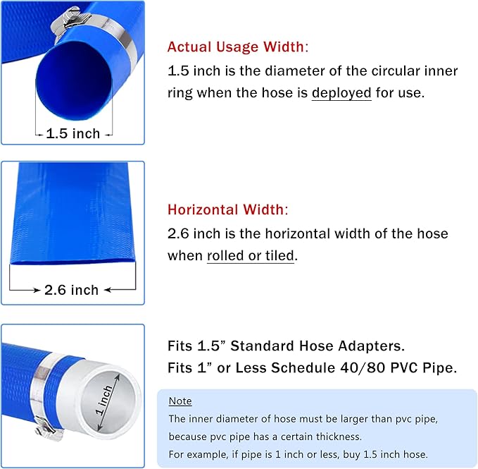 DAVCO 1.5" x 100 ft Pool Backwash Hose, Heavy Duty Reinforced Blue PVC Lay Flat Water Discharge Pump Hoses For Swimming Drain Pools and Clean Filters,with 1 Clamp