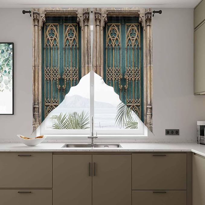 Turquoise Vintage Door Swag Valances for Windows, Countryside Barn Abstract Art Rod Pocket Kitchen Curtains Valance, Kitchen Window Curtains Swag for Cafe Bathroom Living Room, 2 Panels, 36x45 inch