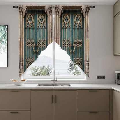 Turquoise Vintage Door Swag Valances for Windows, Countryside Barn Abstract Art Rod Pocket Kitchen Curtains Valance, Kitchen Window Curtains Swag for Cafe Bathroom Living Room, 2 Panels, 36x45 inch