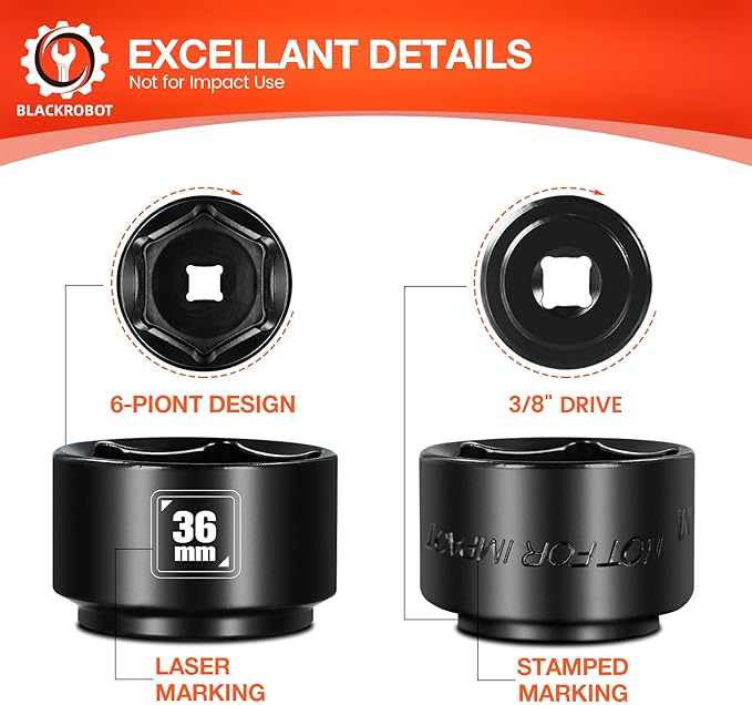 BLACKROBOT 36mm Low Profile Oil Filter Socket, 3/8" Drive 6-Point Oil Filter Cap Remover and Installer Tool, Chrome Vanadium Steel