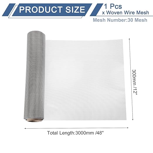 uxcell 30 Mesh 118" x 12" Woven Wire Mesh, 304 Stainless Steel Air Vent Filter Screen, Window Screen Mesh for DIY Projects Vents Cover Filtration Animals Fence