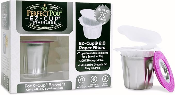 EZ-Cup Stainless Steel 1-Stream Reusable K Cup Coffee Pod for Keurig + 25 Disposable Paper Filters - Refillable Capsule Compatible with Keurig and Other Select Coffee Makers (Pack of 2)