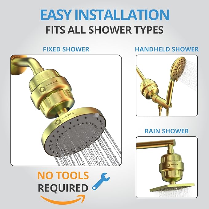 weAQUA Heavy Duty Shower Filter Family 2 PACK – 99% Removal for Hard Water, Chlorine, Fluoride, Heavy Metals, Micro-life, Organics and More (Matte Gold)