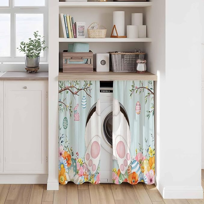 Easter Bunny Kitchen Curtains 54 Inch Long 2 Panel Set,Rod Pocket Window Curtains Panels,Easter Eggs Spring Farmhouse Wood Grain Teal Blue Light Filtering Privacy Draperies for Bedroom 42"W x 54"L