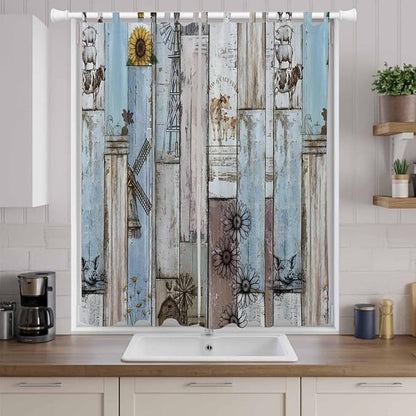 Blue Grey Wooden Living Room Curtains 84 Inch Length, Window Curtains Tab Top, Farmhouse Barn Sunflowers Retro Light Filtering Window Treatments Drapes 52"x84" 2 Panel