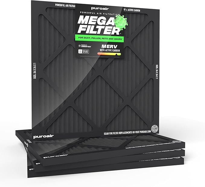 PuroAir MegaFilter - 24x24x1 Air Filter MERV 13 Activated CarbonTech Defense - Heavy Duty 3 Layer Furnace Filters Allergens, Pollen, Dust, Pet Dander, Smoke, Odors - HVAC Air Filter 24x24x1 (4-Pack)