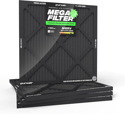 PuroAir MegaFilter - 24x24x1 Air Filter MERV 13 Activated CarbonTech Defense - Heavy Duty 3 Layer Furnace Filters Allergens, Pollen, Dust, Pet Dander, Smoke, Odors - HVAC Air Filter 24x24x1 (4-Pack)