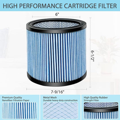 Shop-Vac High Performance 90304/90344 Cartridge Filter, Fits most 5-16 Gallon Shop-Vac Wet/Dry Vacuums, High Efficiency Filtration Paper, Washable and Reusable, 1 Pack