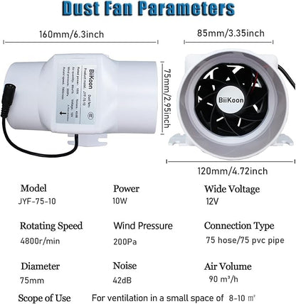 3 Inch 53 Cfm Inline Duct Ventilation Fan HVAC Exhaust Intake Fans 12V 10W Vent Blower for Hydroponics Grow Tent Attic Kitchen (Color : NO Adjustable Speed, Size : 10w)