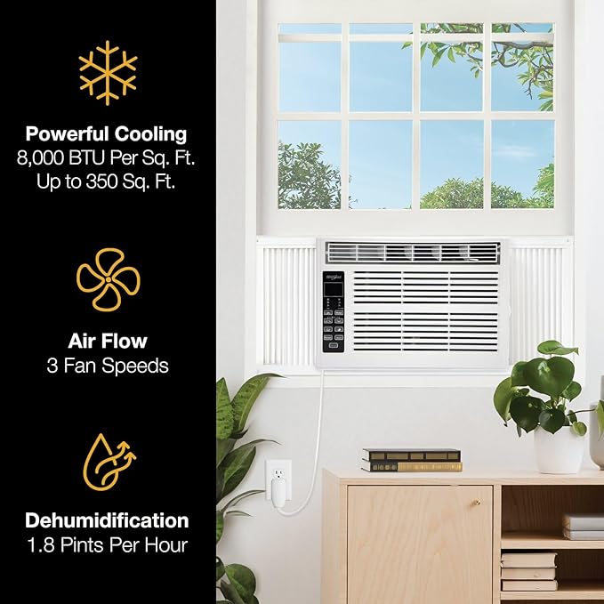 Whirlpool 8,000 BTU Window Air Conditioner with Dehumidifier, 115V, Window AC for Rooms up to 350 Sq. Ft., Living Room, Bedroom, or Apartment, with 3 Speeds, Remote Control, and 24H Timer, White