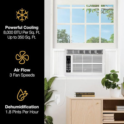 Whirlpool 8,000 BTU Window Air Conditioner with Dehumidifier, 115V, Window AC for Rooms up to 350 Sq. Ft., Living Room, Bedroom, or Apartment, with 3 Speeds, Remote Control, and 24H Timer, White