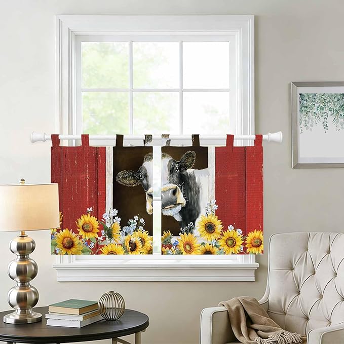 Cows Sunflowers Kitchen Curtains 36 Inch Length, Small Window Curtains Tab Top, Rustic Farms Barns Flowers Bees Animals Light Filtering Short Window Treatments Tier Drapes 27.5"x36" 2 Panel