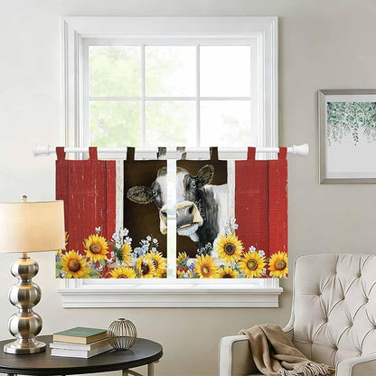 Cows Sunflowers Kitchen Curtains 36 Inch Length, Small Window Curtains Tab Top, Rustic Farms Barns Flowers Bees Animals Light Filtering Short Window Treatments Tier Drapes 27.5"x36" 2 Panel