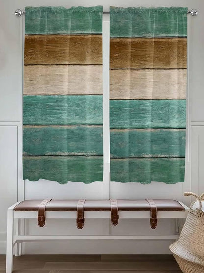 Vintage Plank Turquoise Brown Window Valance Curtains, Farmhouse Wood Grain Light Filtering Kitchen Valance with 3-inch Rod Pocket for Living Room Bathroom Bedroom,2 Panel,42x63In