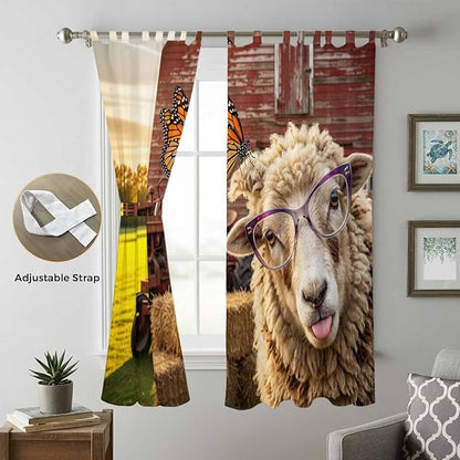 Farm Sheep Living Room Curtains 96 Inch Length, Window Curtains Tab Top, Farmhouse Barn Funny Animals Butterfly Light Filtering Window Treatments Drapes 52"x96" 2 Panel