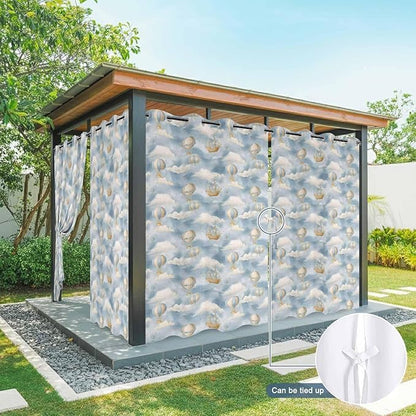 Hot Air Balloons Outdoor Curtains for Patio Fantasy Spaceship Cartoon Vintage Waterproof Outside Curtains with Grommet Top Weatherproof Curtain for Cabana Pergola Gazebo, 1 Panel, 54" W x 84" L