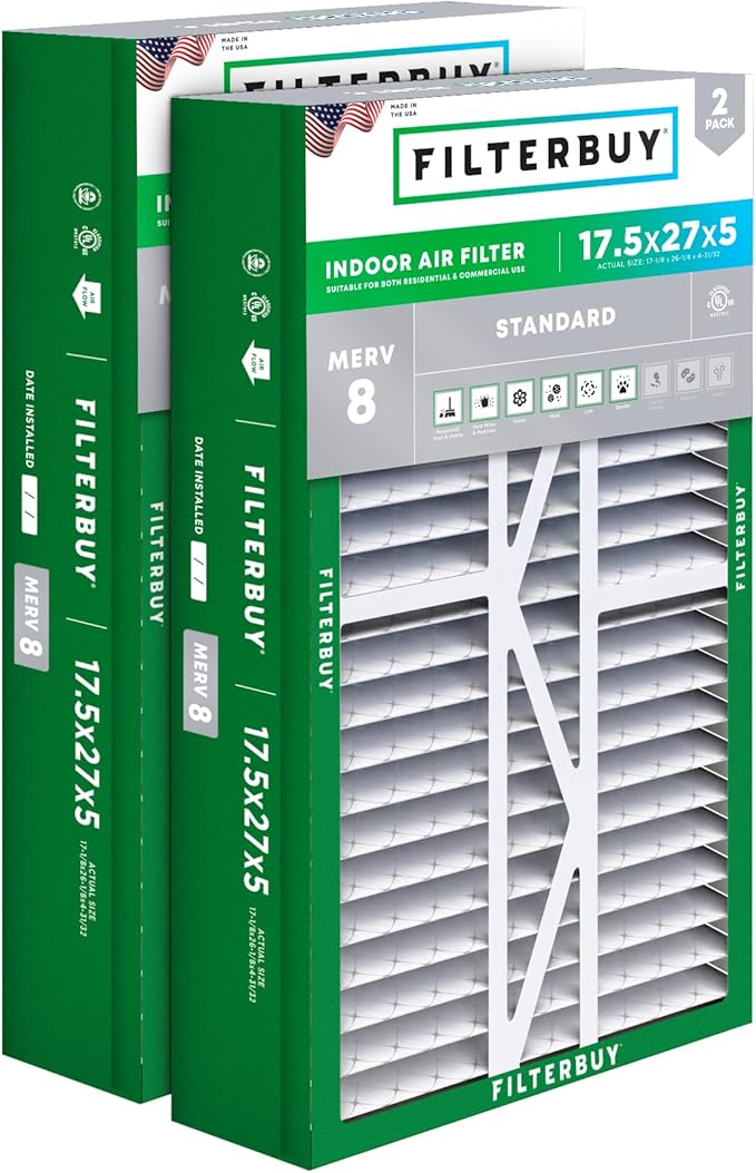 Filterbuy 17.5x27x5 Air Filter MERV 8 Essential Dust & Allergy Defense (2-Pack), Pleated HVAC AC Furnace Filters for Trane Perfect Fit & American Standard (Actual Size: 17.13 x 26.13 x 4.97)