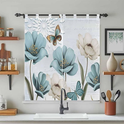 Blue Tulips Living Room Curtains 84 Inch Length, Window Curtains Tab Top, Watercolor Flowers Butterfly Spring Farmhouse Blue Light Filtering Window Treatments Drapes 42"x84" 2 Panel