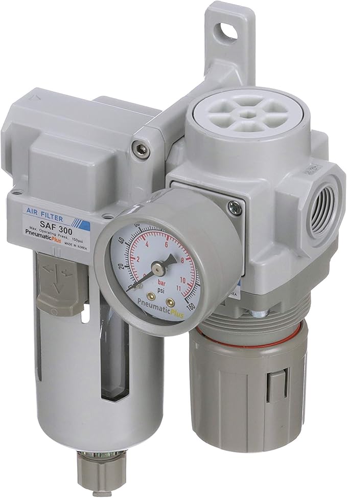 PneumaticPlus SAU320-N03G Compressed Air Filter Regulator Combo 3/8" NPT - Poly Bowl, Manual Drain, Bracket, Gauge
