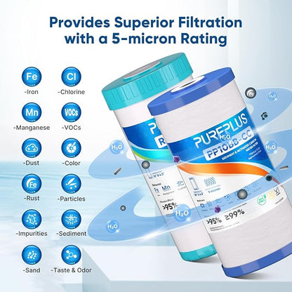 PUREPLUS 5 Micron 4.5"x 10" Whole House Water Filter Combo Kit with Sediment& Carbon, and Iron Reduce Filter, Replacement for GE FXHTC, GXWH40L, GXWH35F, GNWH38S, RFC-BBSA, WRC25HD, RFC-BB, 1PACK