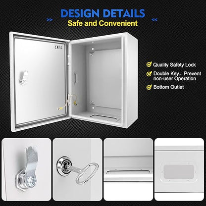 Outdoor Electrical Junction Box, 12 x 10 x 6'' NEMA 4X Enclosure Box, Wall Mounted IP66 Waterproof & Dustproof Lockable Metal Junction Box