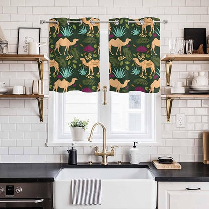 2 Panel Kitchen Cafe Curtains, Retro Desert Camel Sunlight Filtering Nature Air Through, Window Decor Tier Curtains for Living Room 55W x 39L inch Tropical Animal Aloe Vera Leaves Dark Green