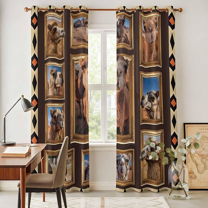 2 Panel Kitchen Cafe Curtains, Wildlife Camels Sunlight Filtering Nature Air Through, Home Decor Window Covering Tier Curtains for Living Room 104W x 90L inch Deserts Animals Brown Geometric Rustic