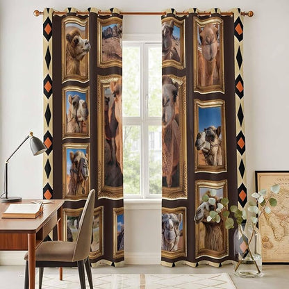2 Panel Kitchen Cafe Curtains, Wildlife Camels Sunlight Filtering Nature Air Through, Home Decor Window Covering Tier Curtains for Living Room 104W x 96L inch Deserts Animals Brown Geometric Rustic