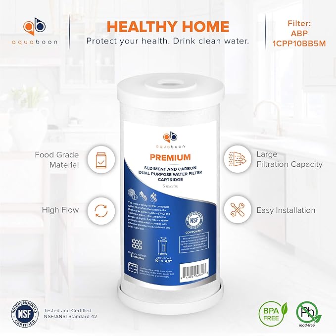 Aquaboon 5 Micron 10 x 4.5 Whole House Water Filter Replacement Cartridge, Superior High-Capacity Whole House Carbon And Sediment Water Filter Compatible With FXHTC, GXWH35F, WHKF-GD25BB (2 Pack)