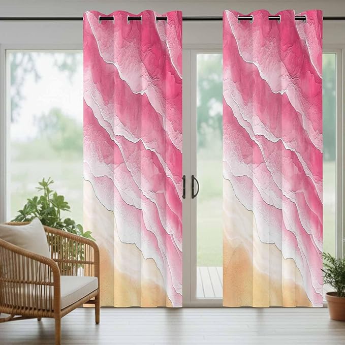 Ocean Outdoor Curtains for Patio Beach Waves Watercolor Abstract Gradient Pink Waterproof Outside Curtains with Grommet Top Weatherproof Curtain for Cabana Pergola Gazebo, 2 Pack, 54" W x 95" L