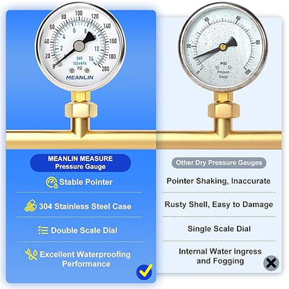 MEANLIN MEASURE 0~200Psi Dry Pressure Gauge Stainless Steel 1/8" NPT 2" FACE DIAL Waterproof for Air Compressor Air Regulator Water Filter Lower Mount, with 1/4" NPT and 3/8" NPT Hex Bushing