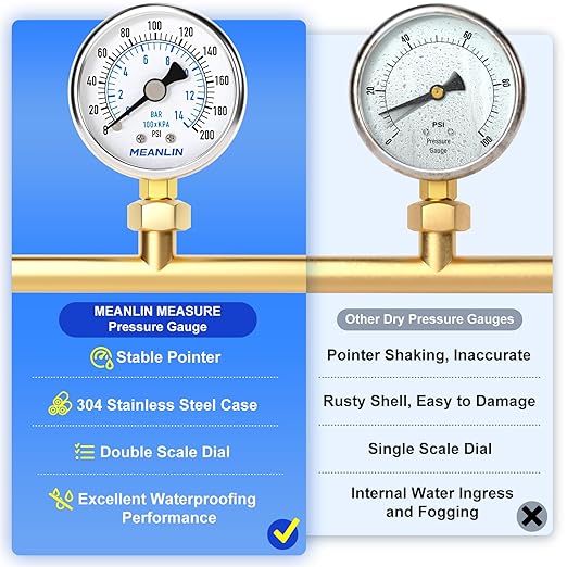 MEANLIN MEASURE 0~200Psi Dry Pressure Gauge Stainless Steel 1/4" NPT 2" FACE DIAL Waterproof for Air Compressor Air Regulator Water Filter Lower Mount, with 1/2" NPT and 3/8" NPT Hex Bushing