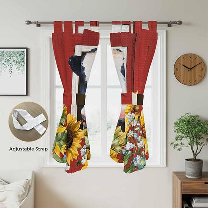Cow Sunflowers Bathroom Curtains 63 Inch Length, Window Curtains Tab Top, Botanical Floral Leaves Bees Farm Barn Light Filtering Window Treatments Drapes 52"x63" 2 Panel