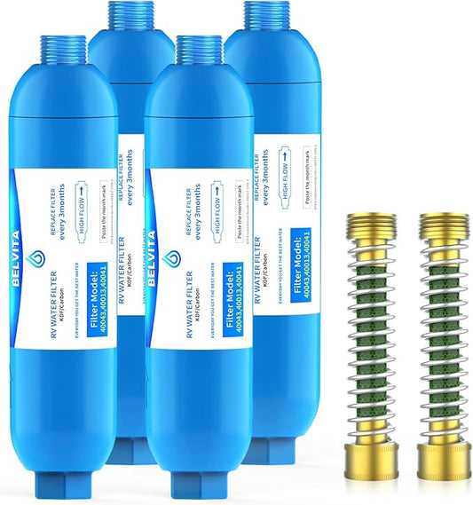 BELVITA RV Inline Marine Water Filter, Reduces Chlorine, Bad Taste, Odor for RVs,NSF Certified with Flexible Hose Protector (Pack of 4)