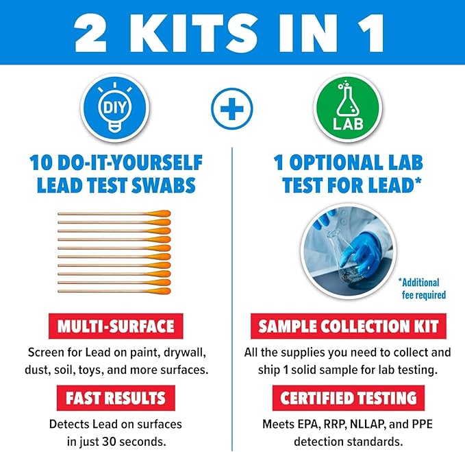 Safe Home® Lead in Solids Combo Test Kit – 10 DIY Swabs + Optional Testing at our EPA Certified Lab – Made in the USA for Homeowners & Contractors – (2 Pack)