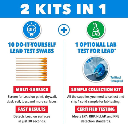 Safe Home® Lead in Solids Combo Test Kit – 10 DIY Swabs + Optional Testing at our EPA Certified Lab – Made in the USA for Homeowners & Contractors – (2 Pack)