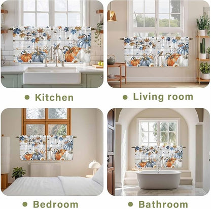Thanksgiving Pumpkin Kitchen Tier Curtains 36 Inch Long 2 Panel Set,Rod Pocket Half Window Curtains Over Sink,Fall Maple Leaf Daisy Wooden Grain Short Drapes for Bathroom Cafe 27.5"W x 36"L