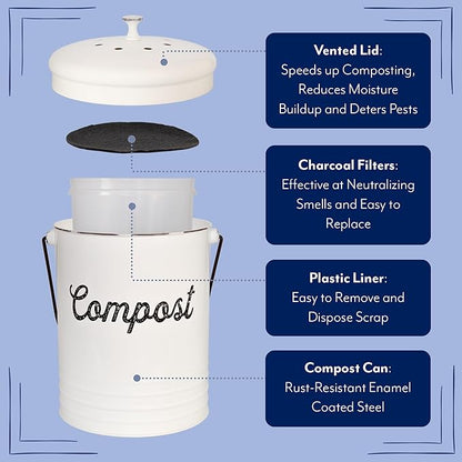 AuldHome Design Kitchen Compost Bin for Countertop | 1.3 Gallon Composting Bucket with Lid | Includes 3 Charcoal Filters | (White Enamel)