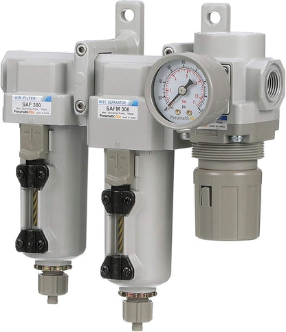 PneumaticPlus SAU330-N03G-MEP Three Stage Compressed Air Drying System - Particulate Air Filter, Coalescing Filter, Air Pressure Regulator Combo 3/8" NPT - Metal Bowl, Manual Drain, Gauge