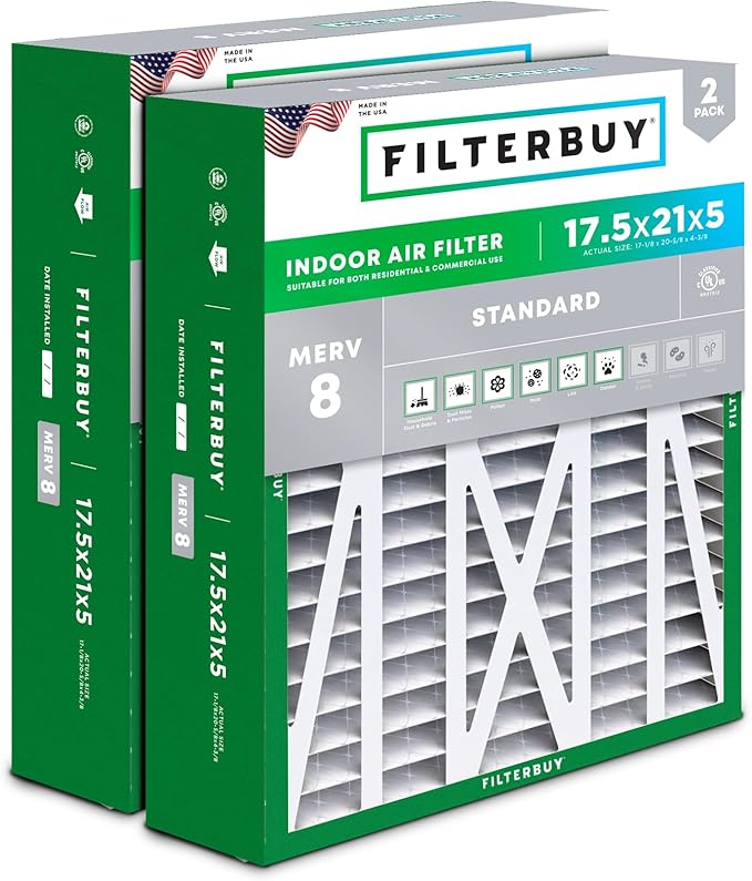 Filterbuy 17.5x21x5 Air Filter MERV 8 Essential Dust & Allergy Defense (2-Pack), Electrostatic Pleated HVAC AC Furnace Filters for Rheem, Ruud, and Protech (Actual Size: 17.13 x 20.63 x 4.38)
