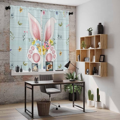 Easter Window Curtains 63 Inch Long 2 Panel Set, Rod Pocket Bedroom Curtains & Drapes, Spring Rabbits Ears Feet Flowers Wooden Grain Light Filtering Window Treatment for Living Room 42"W x 63"L