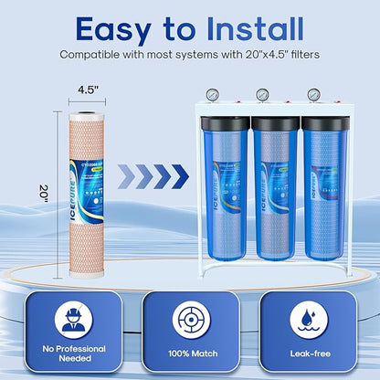 ICEPURE 4.5" x 20" Whole House CTO Carbon Water Filter, Activated Carbon Block, KDF Cartridge and Activated Carbon Lead Remove Filter Replacement Set for 3-Stage Water Filter System, Pack of 1