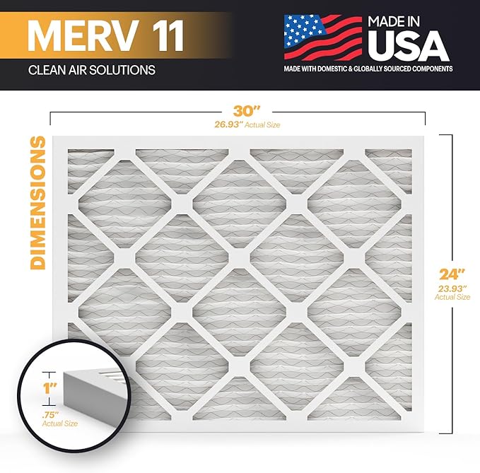 BNX TruFilter 24x30x1 Air Filter MERV 11 (4-Pack) - MADE IN USA - Allergen Defense Electrostatic Pleated Air Conditioner HVAC AC Furnace Filters for Allergies, Dust, Pet, Smoke, Allergy MPR 1200 FPR 7